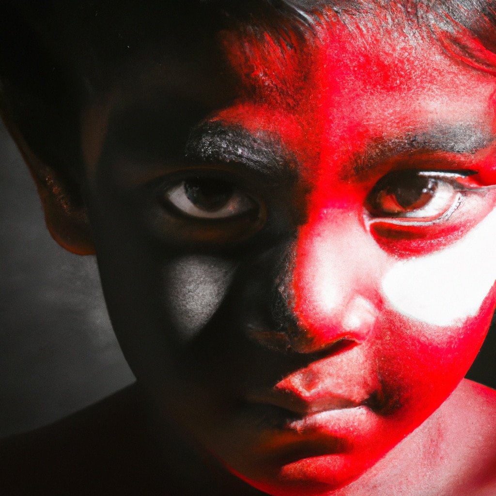 Indian child with red, white, and black face paint